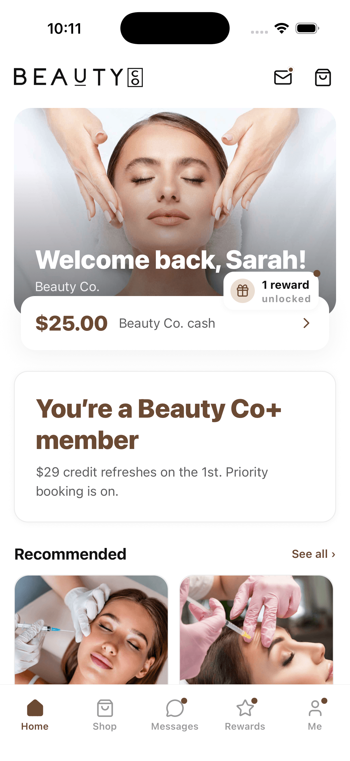 Beauty Co. app home screen welcoming Sarah with reward unlocked and Beauty Co+ membership